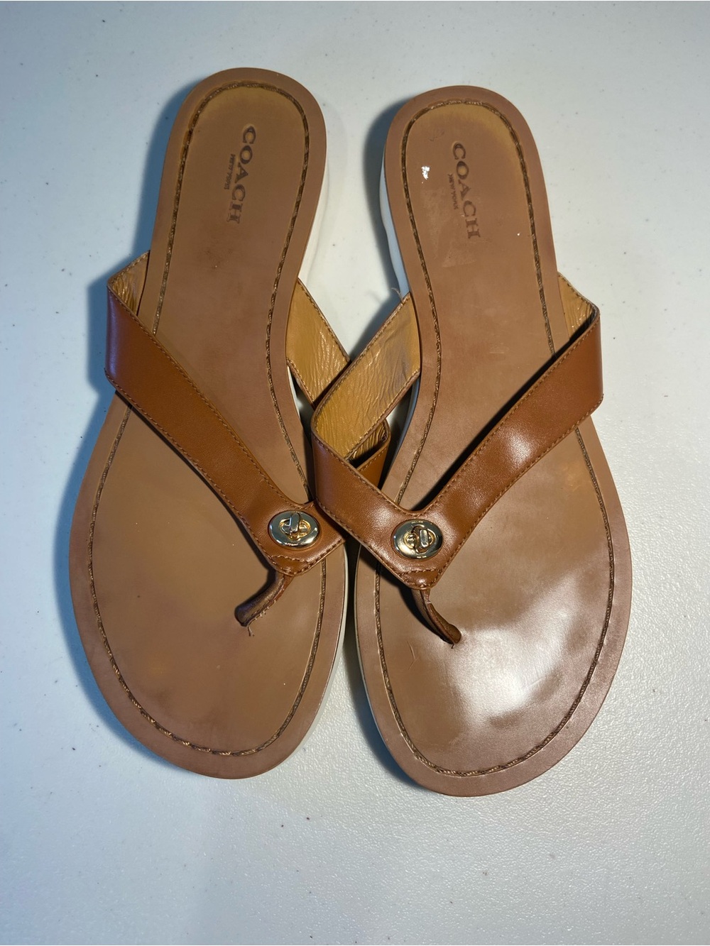 Coach Brown Leather Thong Sandals with Gold Logo Accent SZ 8